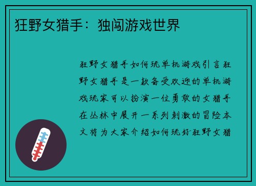 狂野女猎手:独闯游戏世界